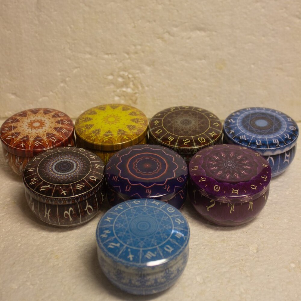 Lot of 8 2.5 oz Soy Wax Candles in Metal Zodiac Pots